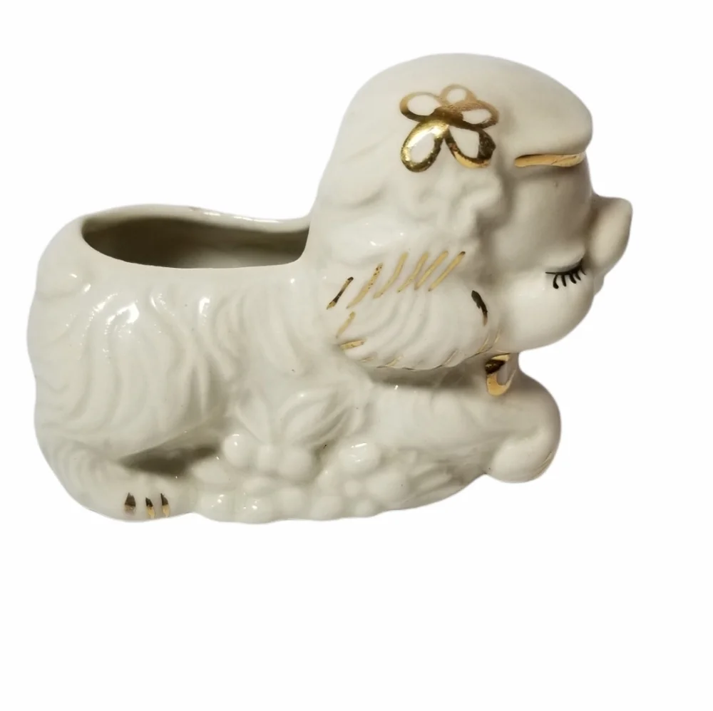 Vintage White ceramic puppy planter gold trim